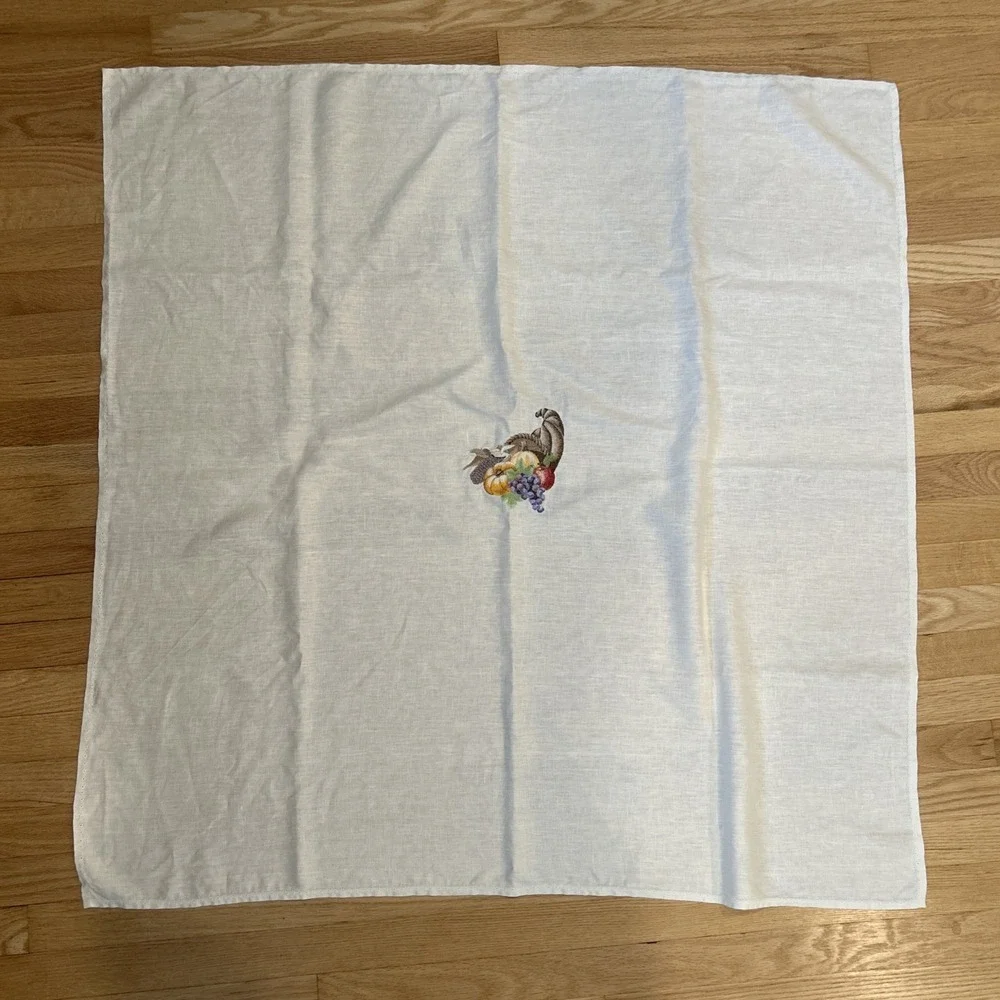 Vintage Linen Tablecloth 42x42 Cornucopia Fruit Harvest Hand Hemstitched Border